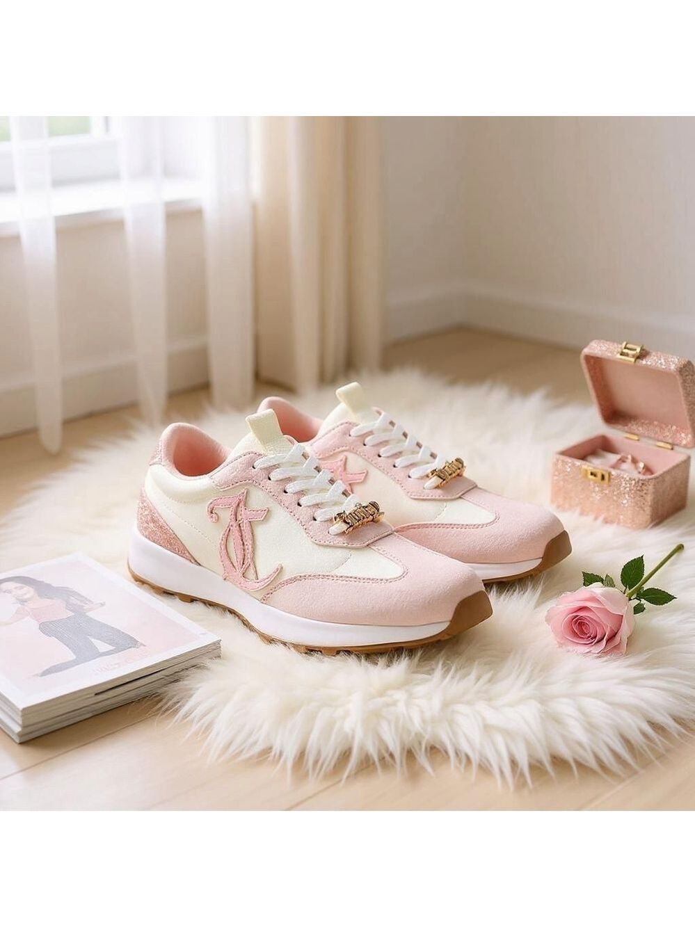 Juicy Couture Women'ss Eunice Lace Up Casual Sneakers SZ 8.5 M Blush PINK WHITE